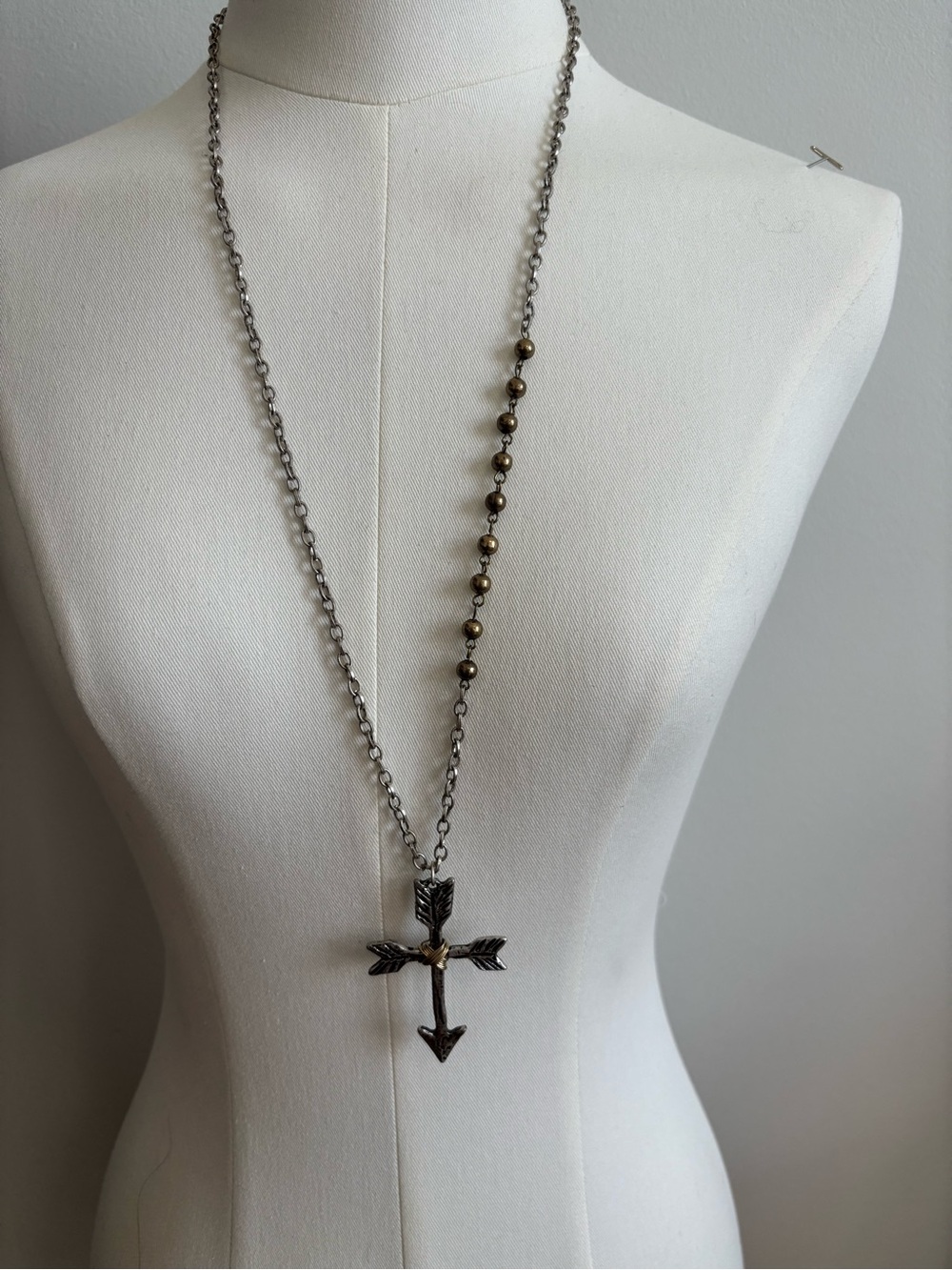 Mixed Metal Arrow Cross Pendant Necklace - Silver and Brass Accents